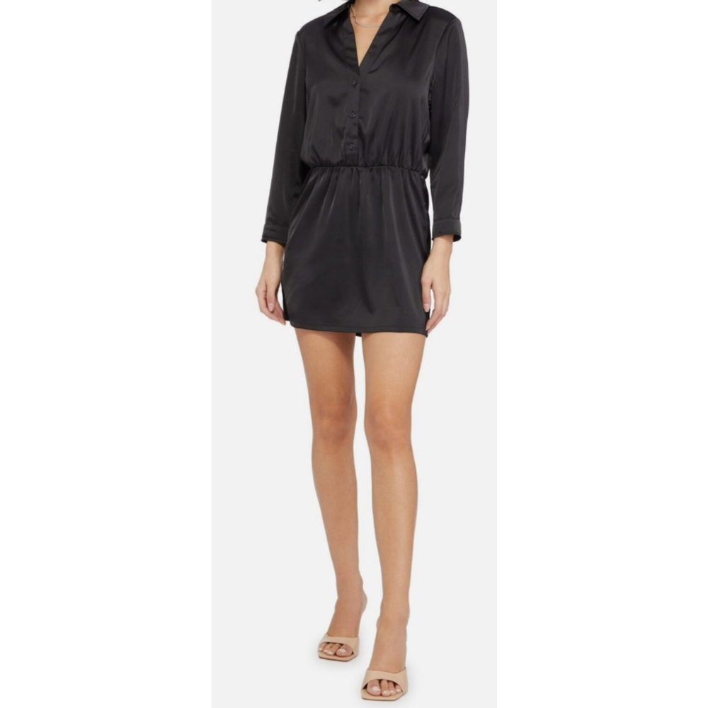 Sanctuary Black Satin Mini Shirt Dress Collared V-Neck Elastic Waist Size 4